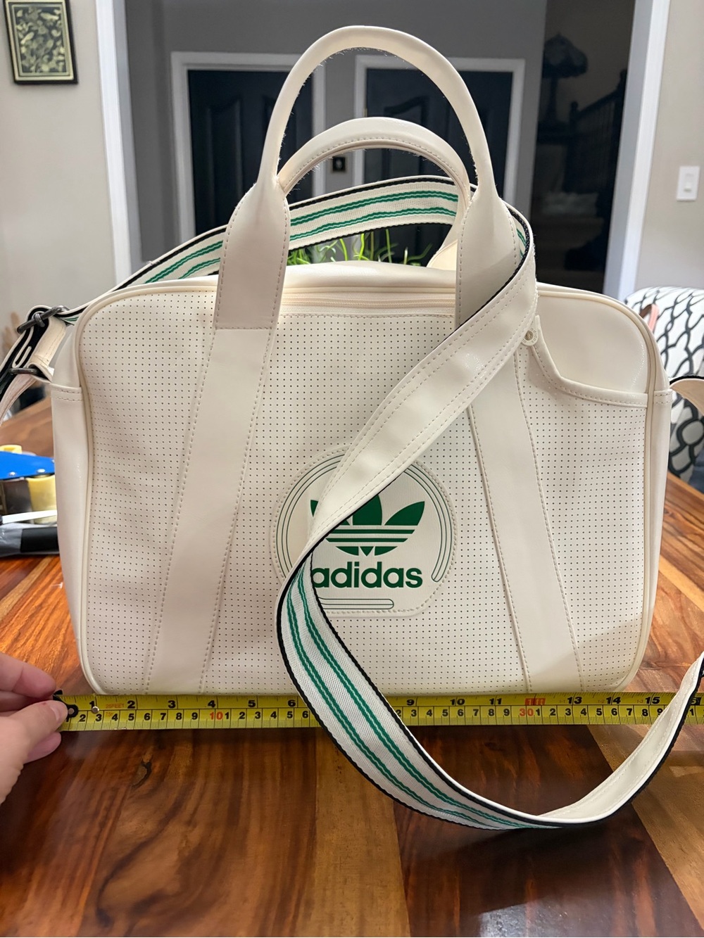 Original adidas Cream airliner Duffel Bag with Green Logo and Striped Strap